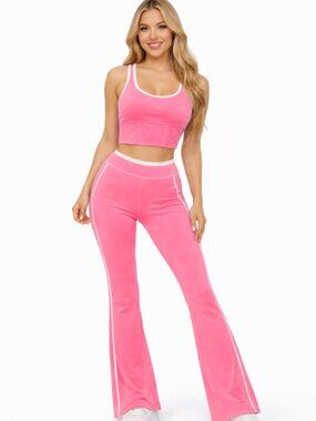 OTOS Athletic Set Sports Bra Leggings Cropped Push Up Flared Soft Gym Pink XL